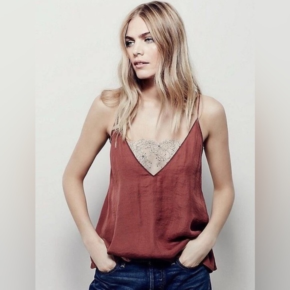 Free People Deep V Bandeau Top satin lace cami tank Copper rust cream bralette - Picture 9 of 12